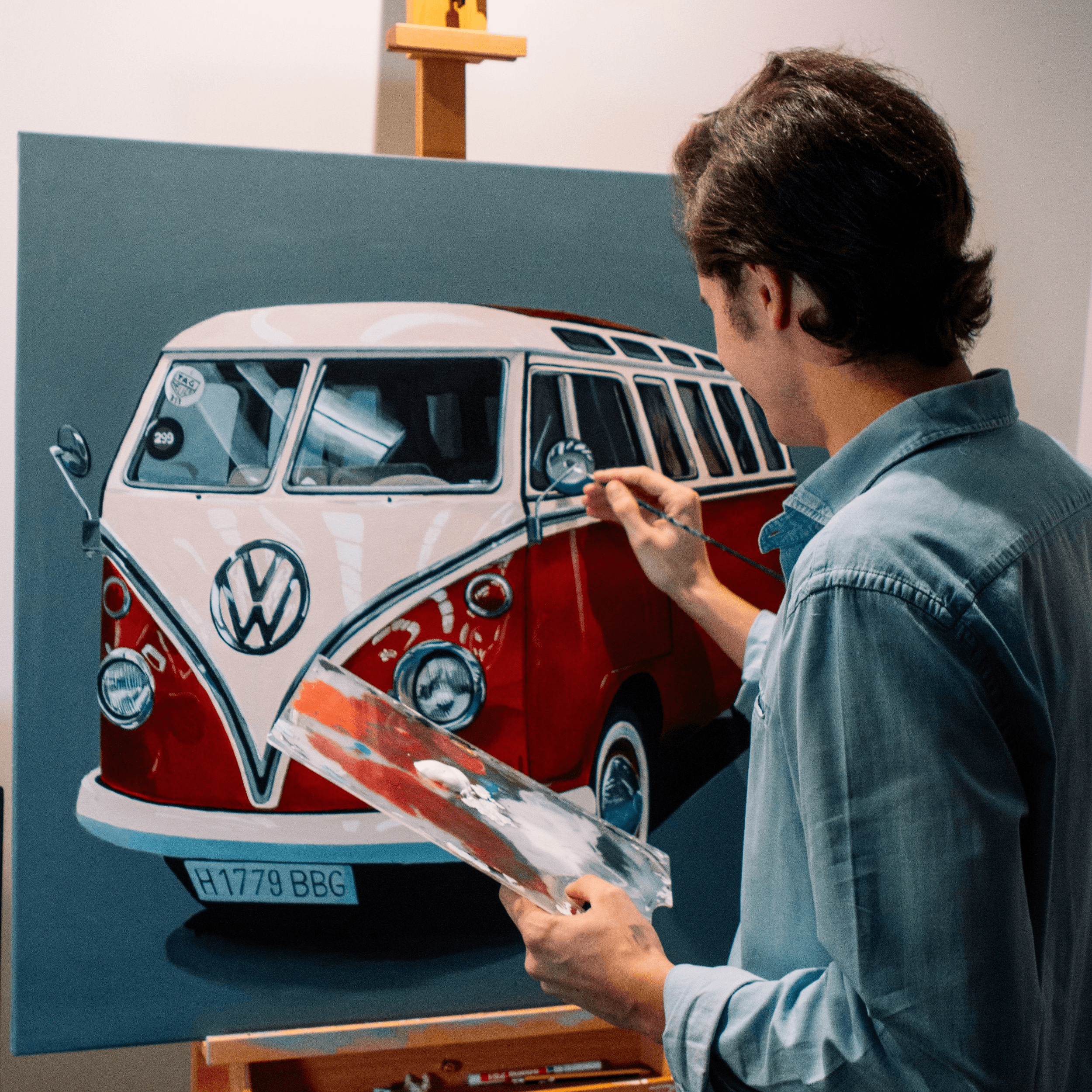 Automotive art by Javier Aguiar, characterized by intricate details and a modern approach to car design, bringing iconic vehicles to life on canvas. Perfect for enthusiasts and collectors.